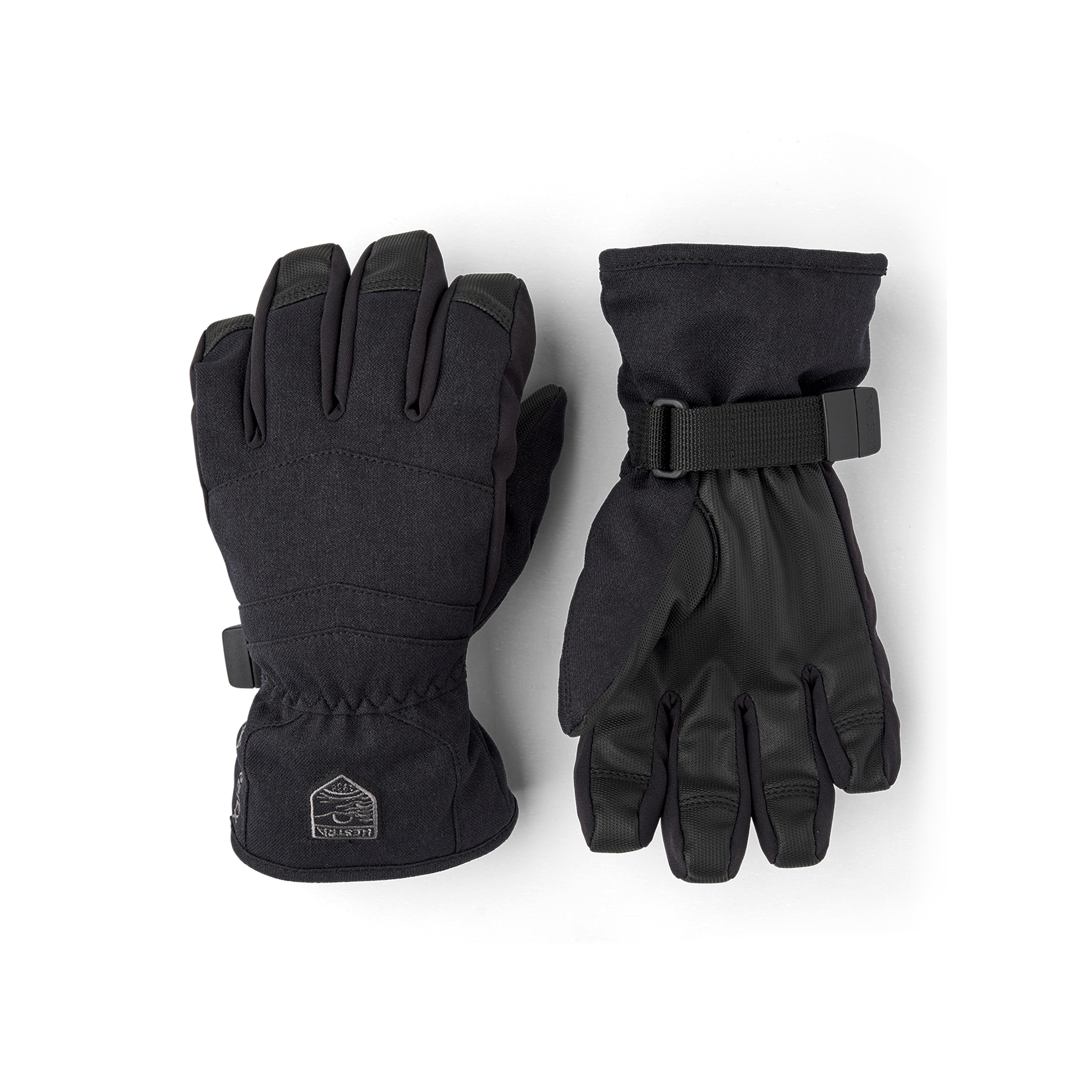 Black fabric children’s glove with black synthetic palm and wrist adjustment