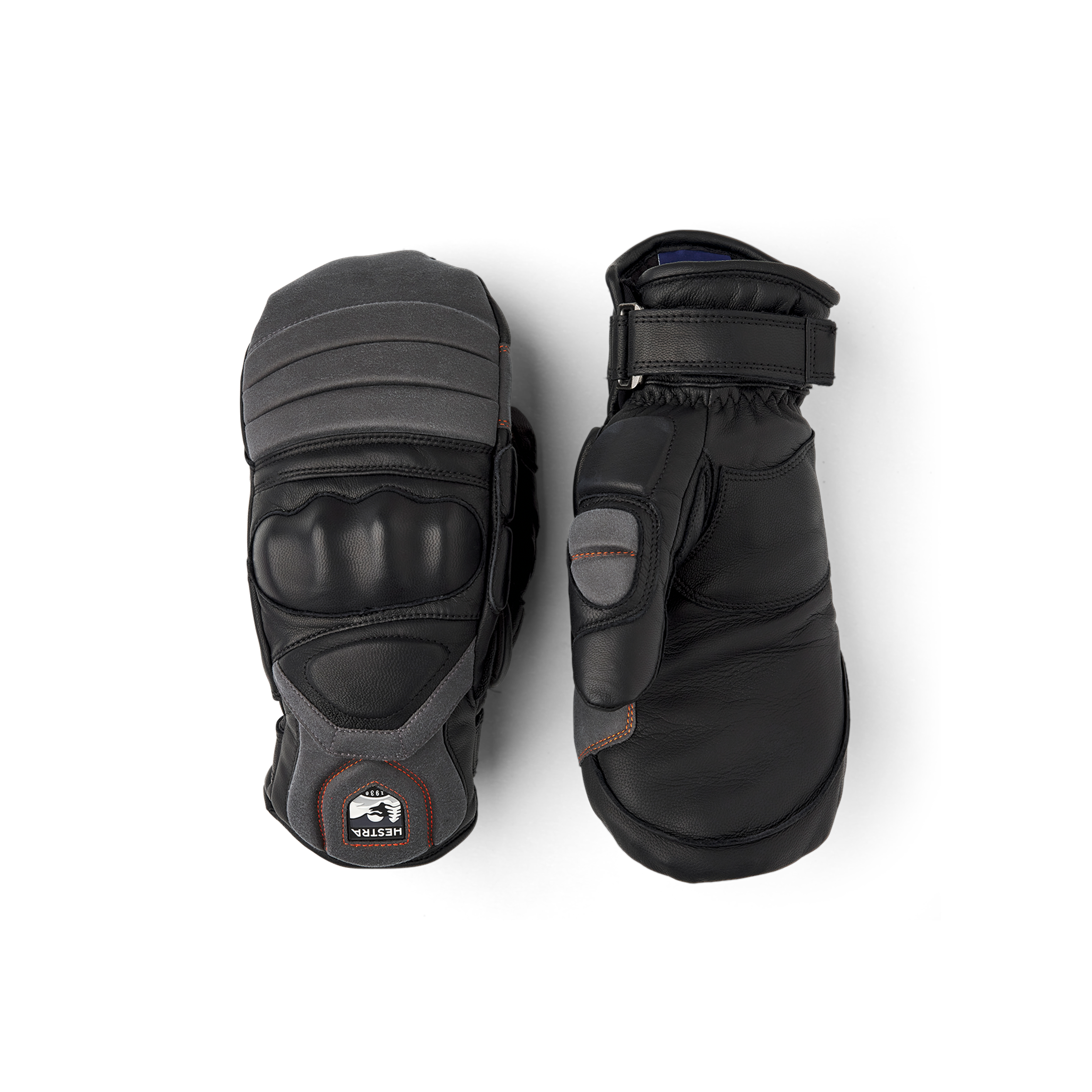 Black mitten with gray and red goat leather details and synthetic suede palm